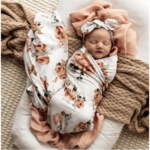 Rosebud Baby Jersey Wrap & Top knot Set