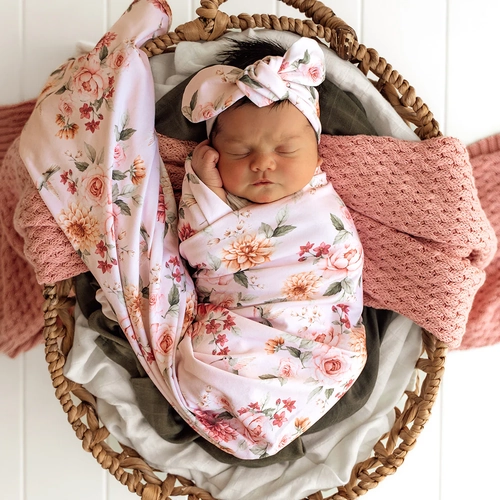 Birds & Blossom Jersey Wrap & Top knot Set