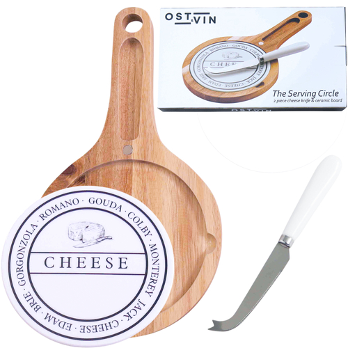 2 Pc Round Cheese Knife & Ceramic Board