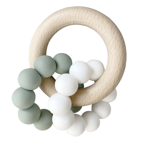 Double Silicone Teether Ring- Sage White