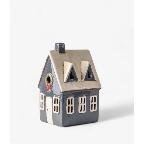 Tea Light Cottage Navy with Wreath