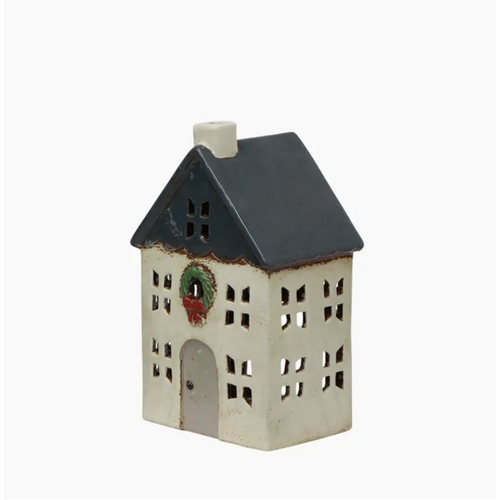 Christmas Tealight House blue w Wreath Small