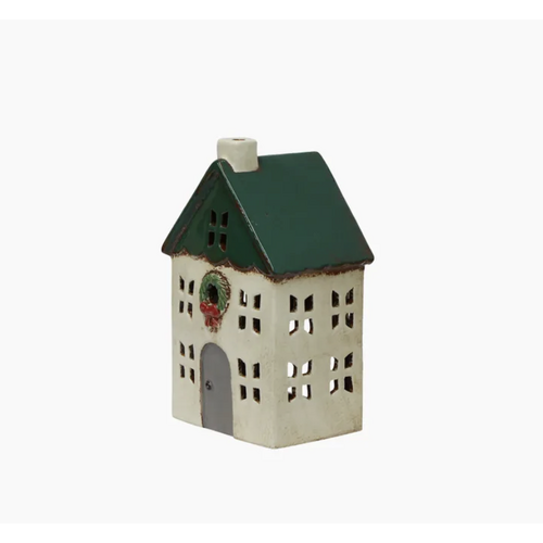 Christmas Tealight House Green w Wreath Small